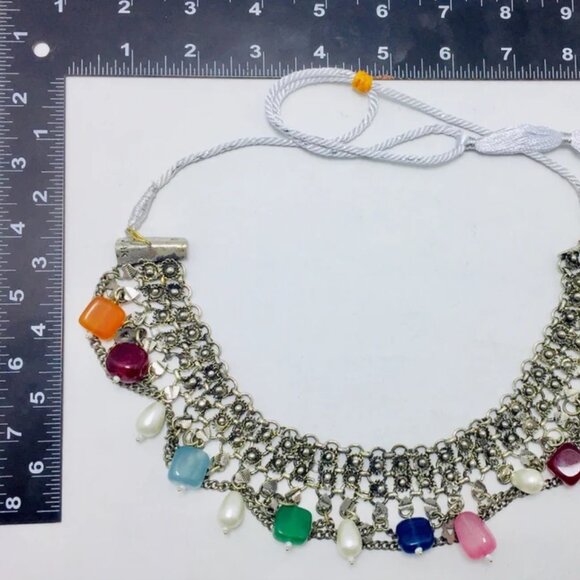 Multicolor Stones Choker Necklace, Silver Boho Choker With Pearls - Picture 8 of 9